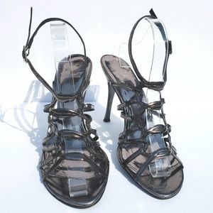 Sandals Metallic Pewter Silver Strappy Heels Sz 10M STUART WEITZMAN AUTHENTIC